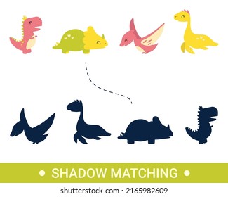 Vector education game dinosaur find the correct shadow