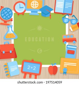 Vector education greeting card - paper card with bright flat school icons