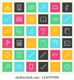 Vector education icon set. School supplies line style on colorful background. Design elements, business signs, logos, identity, labels and other branding objects. 10 eps