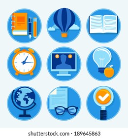 Vector education icons in flat style and bright colors - studying and learning signs