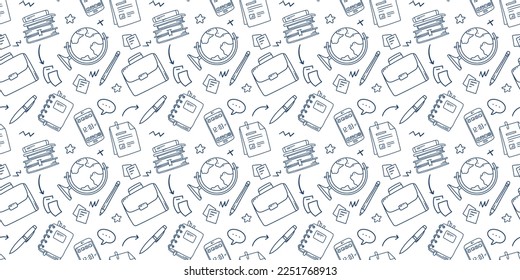 Vector education illustration with book and globe on white color background. Flat line art design of seamless pattern with phone and business case for web, site, banner, print