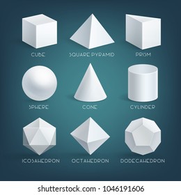 Vector education illustration of cube, prism, cylinder, cone, sphere, pyramid or tetrahedron and octahedron, icosahedron, dodecahedron. Set of realistic white basic 3d shapes. Geometry forms isolated