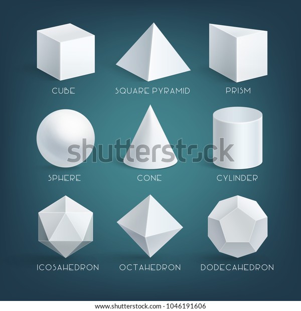 立方体 プリズム 円柱 円錐 球 角錐 四面体 八面体 二十面体 十二面体のベクター教育イラスト リアルな白の基本3dシェイプのセット ジオメトリフォーム のベクター画像素材 ロイヤリティフリー