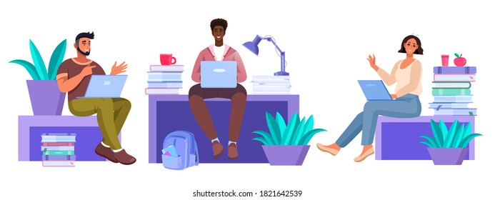 Vector education illustration with diverse sitting students with laptops studying in internet, books. Teamwork and virtual communication set with freelancers. Diverse young people online collection