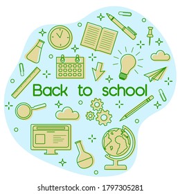 Vector education illustration Flasks, computer, book, planner, light bulb, globe, pen, pencil, magnifier, gears, ruler, clock Learning concept School supplies Back to school shopping. Design for print