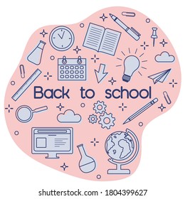 Vector education illustration Flasks, computer, book, planner, light bulb, globe, pen, pencil, magnifier, gears, ruler, clock Learning concept School supplies Back to school shopping. Design for print