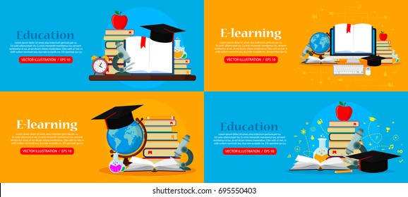 Vector education illustration web banners. Books, globe, microscope, test tubes, academic cap. Flat modern design. EPS 10.