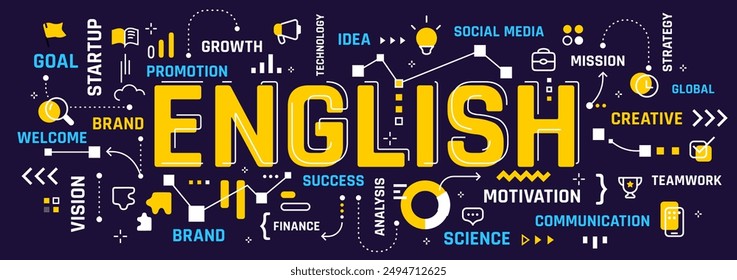 Vector education illustration of word english typography with  word cloud on blue color background. English language business infographic concept with line icon. Line art style design for banner