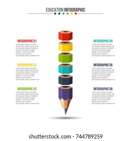 Vector education infographic. Pencil with 6 options, parts, steps or processes. Can be used for workflow layout, diagram, number options, web design.