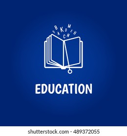 Vector education logo with book line icon on blue background