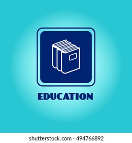 Vector education logo with book pile on blue background