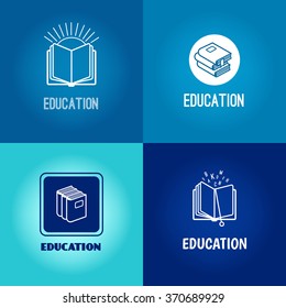 Vector education logo set. Book white icons on blue background with inscription