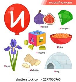 Vector education material  Russian Alphabet letter I. Set of cute cartoon illustrations. Inscriptions in Russian: Russian alphabet, fig, emerald, iris, mgrushka, caviar, ginger, igloo.
