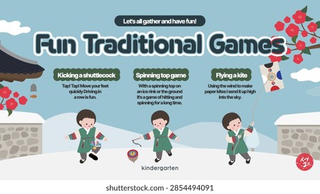 A vector education presentation slide template featuring children in Hanbok and traditional background introducing various folk games like jegichagi, top spinning, and kite flying