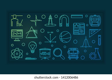 Vector Education and School colorful concept outline horizontal banner or illustration on dark background