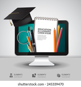 Vector Education school university e-learning concept with computer