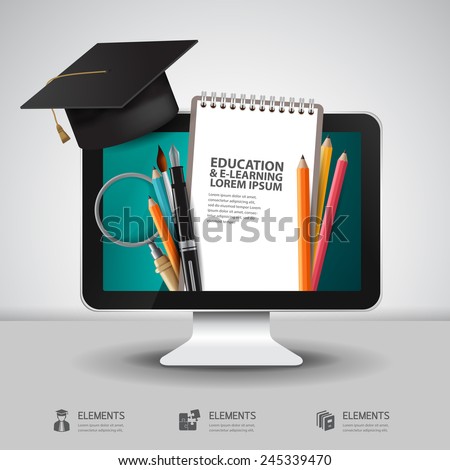 Vector Education school university e-learning concept with computer