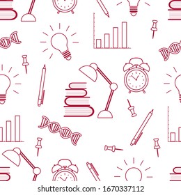 Vector education seamless pattern Illustration with books, lamp, dna chain, pen, alarm clock, light bulb, schedule. Studying, teaching, learning concept. School background. Design for wrapping, print