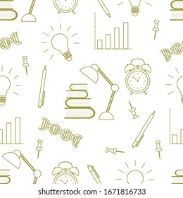 Vector education seamless pattern Illustration with books, lamp, dna chain, pen, alarm clock, light bulb, schedule. Studying, teaching, learning concept. School background. Design for wrapping, print