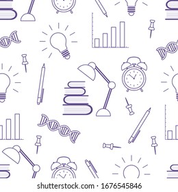 Vector education seamless pattern Illustration with books, lamp, dna chain, pen, alarm clock, light bulb, schedule. Studying, teaching, learning concept. School background. Design for wrapping, print