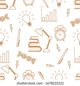Vector education seamless pattern Illustration with books, lamp, dna chain, pen, alarm clock, light bulb, schedule. Studying, teaching, learning concept. School background. Design for wrapping, print