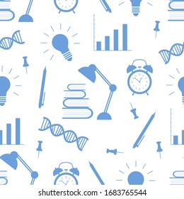 Vector education seamless pattern Illustration with books, lamp, dna chain, pen, alarm clock, light bulb, schedule. Studying, teaching, learning concept. School background. Design for wrapping, print