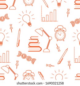 Vector education seamless pattern Illustration with books, lamp, dna chain, pen, alarm clock, light bulb, schedule. Studying, teaching, learning concept. School background. Design for wrapping, print