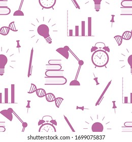 Vector education seamless pattern Illustration with books, lamp, dna chain, pen, alarm clock, light bulb, schedule. Studying, teaching, learning concept. School background. Design for wrapping, print