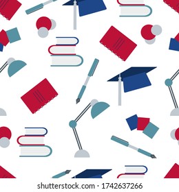 Vector education seamless pattern Illustration Lamp, graduation hat, pen, books, stickers Learning concept School supplies Back to school shopping Repeated background for wrapping, textile, print, web