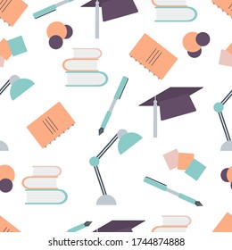 Vector education seamless pattern Illustration Lamp, graduation hat, pen, books, stickers Learning concept School supplies Back to school shopping Repeated background for wrapping, textile, print, web