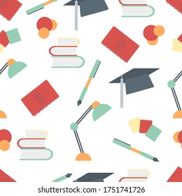 Vector education seamless pattern Illustration Lamp, graduation hat, pen, books, stickers Learning concept School supplies Back to school shopping Repeated background for wrapping, textile, print, web