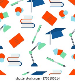 Vector education seamless pattern Illustration Lamp, graduation hat, pen, books, stickers Learning concept School supplies Back to school shopping Repeated background for wrapping, textile, print, web
