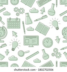 Vector education seamless pattern Illustration flasks, computer, book, planner, light bulb, globe, pen, pencil, magnifier, gears, ruler. Learning concept. School supplies. Back to school shopping