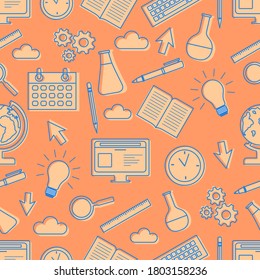 Vector education seamless pattern Illustration flasks, computer, book, planner, light bulb, globe, pen, pencil, magnifier, gears, ruler. Learning concept. School supplies. Back to school shopping