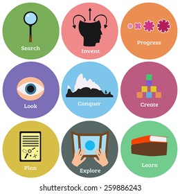  Vector education and self development flat line icons set. Progress, learn, explore, conquer, look, plan, create, invent and search. 