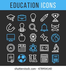 Vector education thin line icons set. Blue and white icons isolated on black background