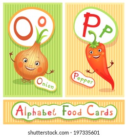 Vector educational alphabet food cards.