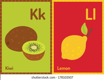 Vector educational cards with alphabet letters in A5 format. K for Kiwi, L for Lemon