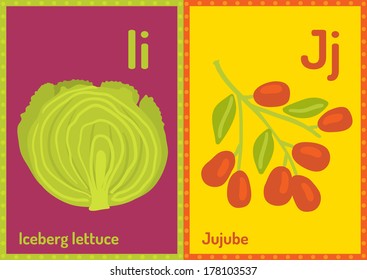 Vector educational cards with alphabet letters in A5 format. I for Iceberg lettuce, J for Jujube