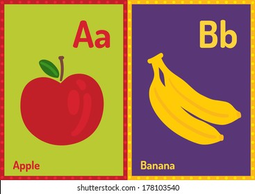 Vector educational cards with alphabet letters in A5 format. A for Apple, B for Banana