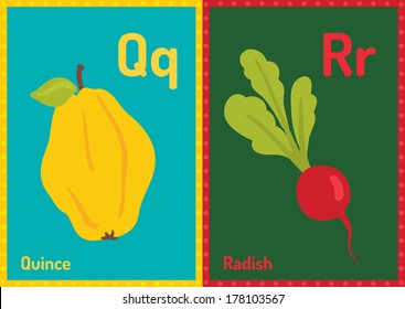 Vector educational cards with alphabet letters in A5 format. Q for Quince, R for Radish