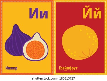 Vector educational cards with Cyrillic alphabet letters in A5 format. Fig, grapefruit.