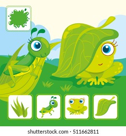 Vector educational cards of green color. Green grasshopper with frog in a meadow