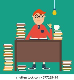Vector educational concept in flat style. Student at the table, littered with books, night preparing for the exam, teaches, reads