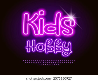 Vector Educational emblem Kids Hobby. Handwritten Neon Font. Purple glowing Alphabet Letters and Numbers set.