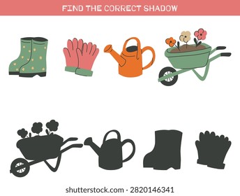 Vector educational game for children Find the correct shadow of gardening stuff. Practice template with hand drawn floriculture objects for preschool worksheets, activity books and learning apps.