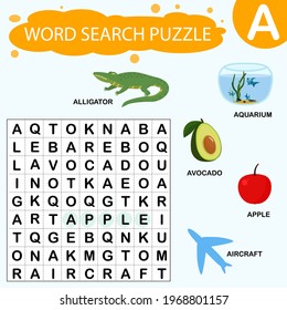 Vektorpädagogik für Kinder. Ein Rätsel, um Wörter zu finden, die mit dem Buchstaben A beginnen