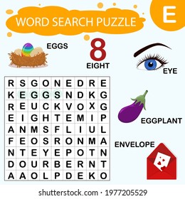 Vector educational game for kids. A puzzle for finding words starting with the letter E