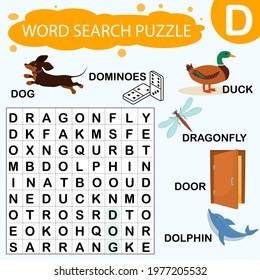 Vector educational game for kids. A puzzle for finding words starting with the letter D