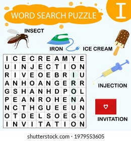 Vector educational game for kids. A puzzle for finding words starting with the letter I